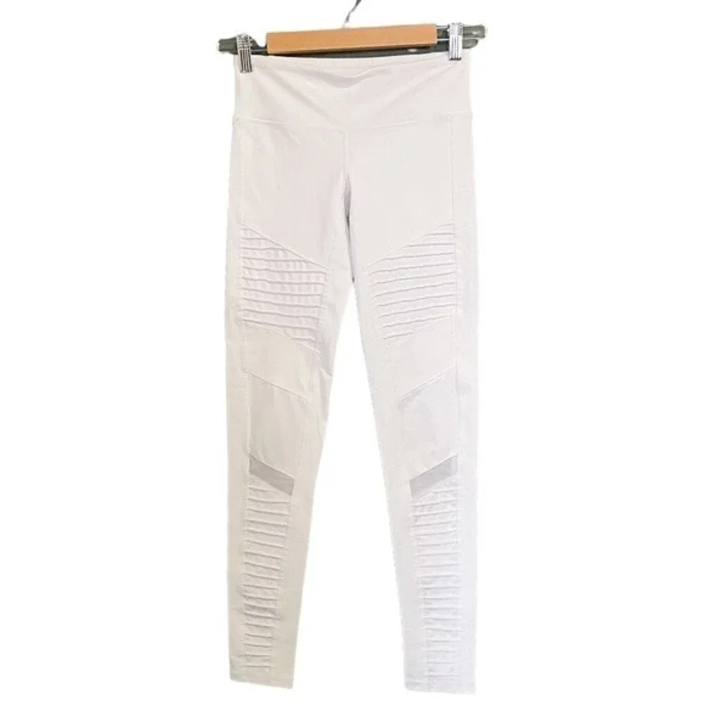 Alo Moto Leggings White Athletic Yoga Pants Stretch Mesh Panels Women’s Size XS